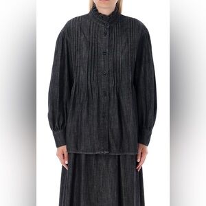 SEE BY CHOLÉ Ash Black Cotton Ruffled Denim Mock Neck Long Sleeves Shirt Size:S